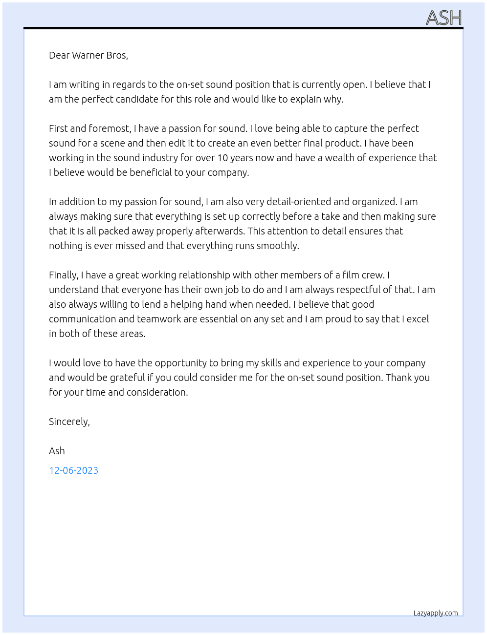 On-set sound At Warner Bros Cover Letter
