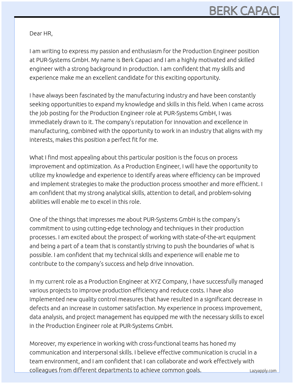 Production Engineer At PUR-Systems GmbH Cover Letter