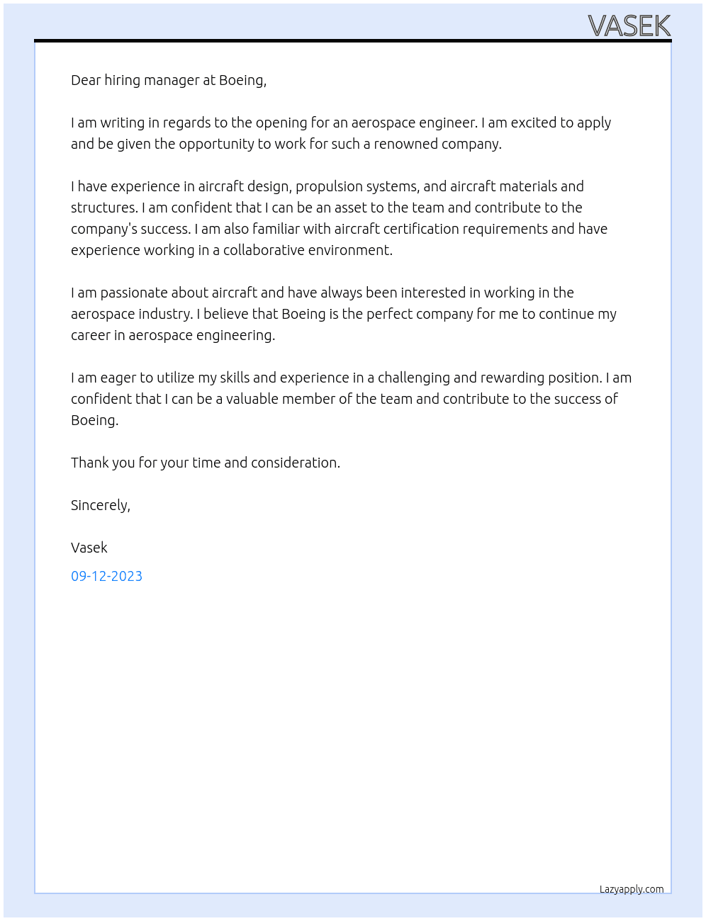 aerospace engineer At boeing Cover Letter