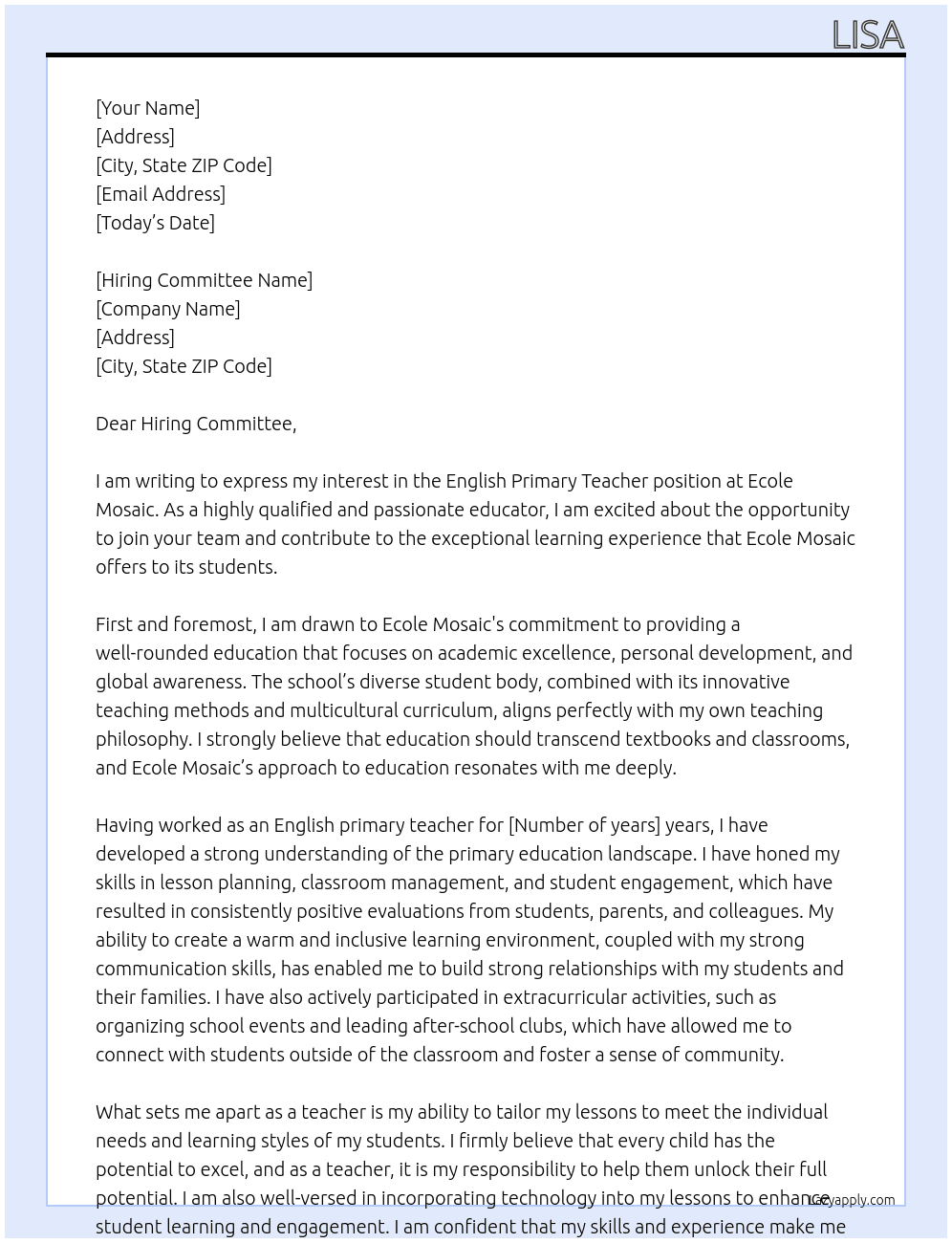 English primary teacher At Ecole Mosaic Cover Letter