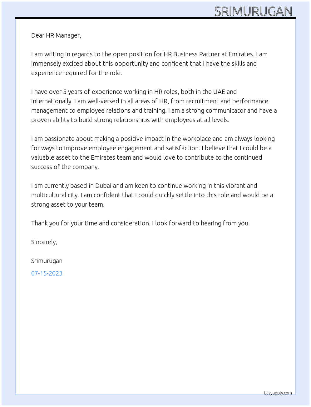 HR business partner  At Emirates  Cover Letter