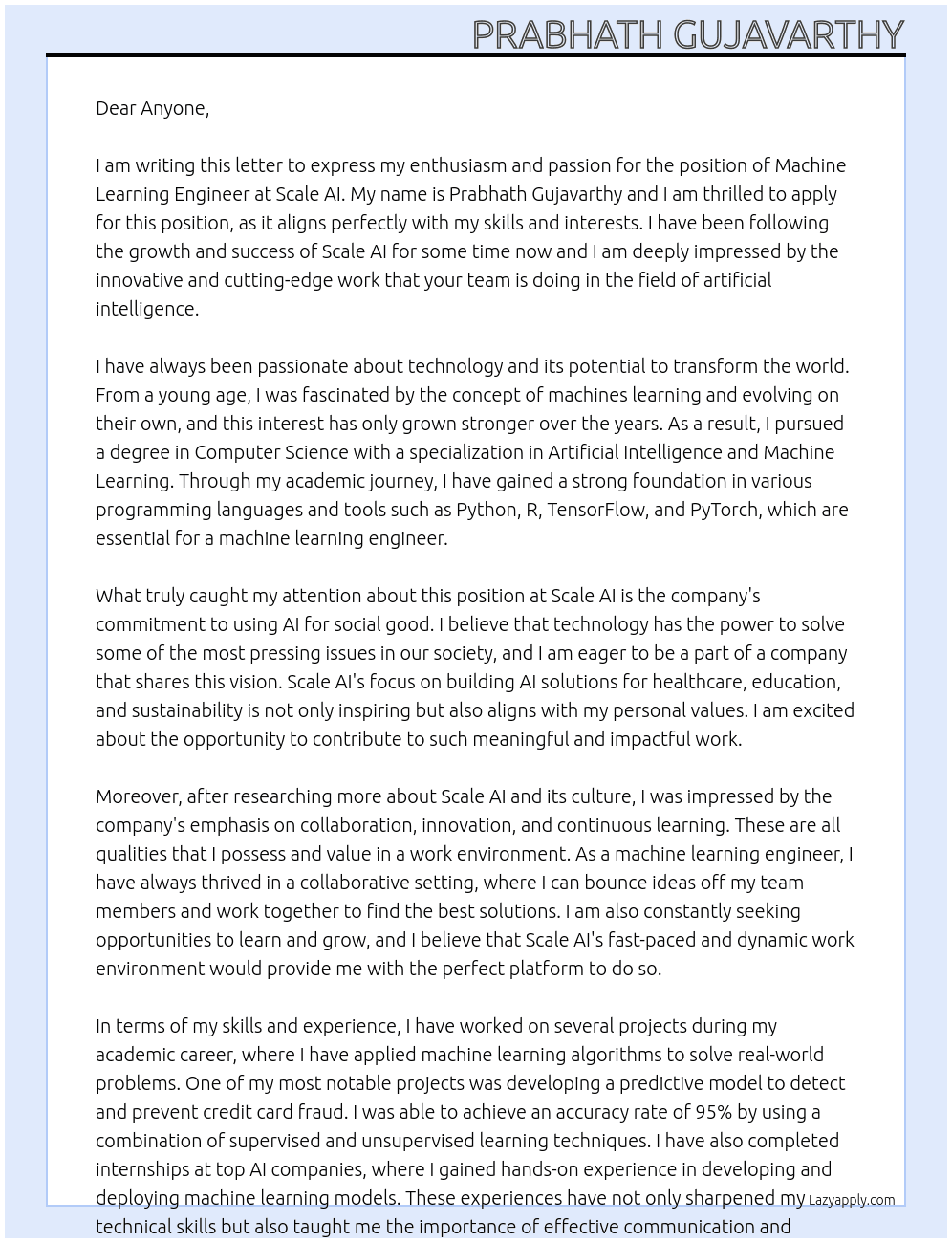 Machine learning engineer At Scale AI Cover Letter