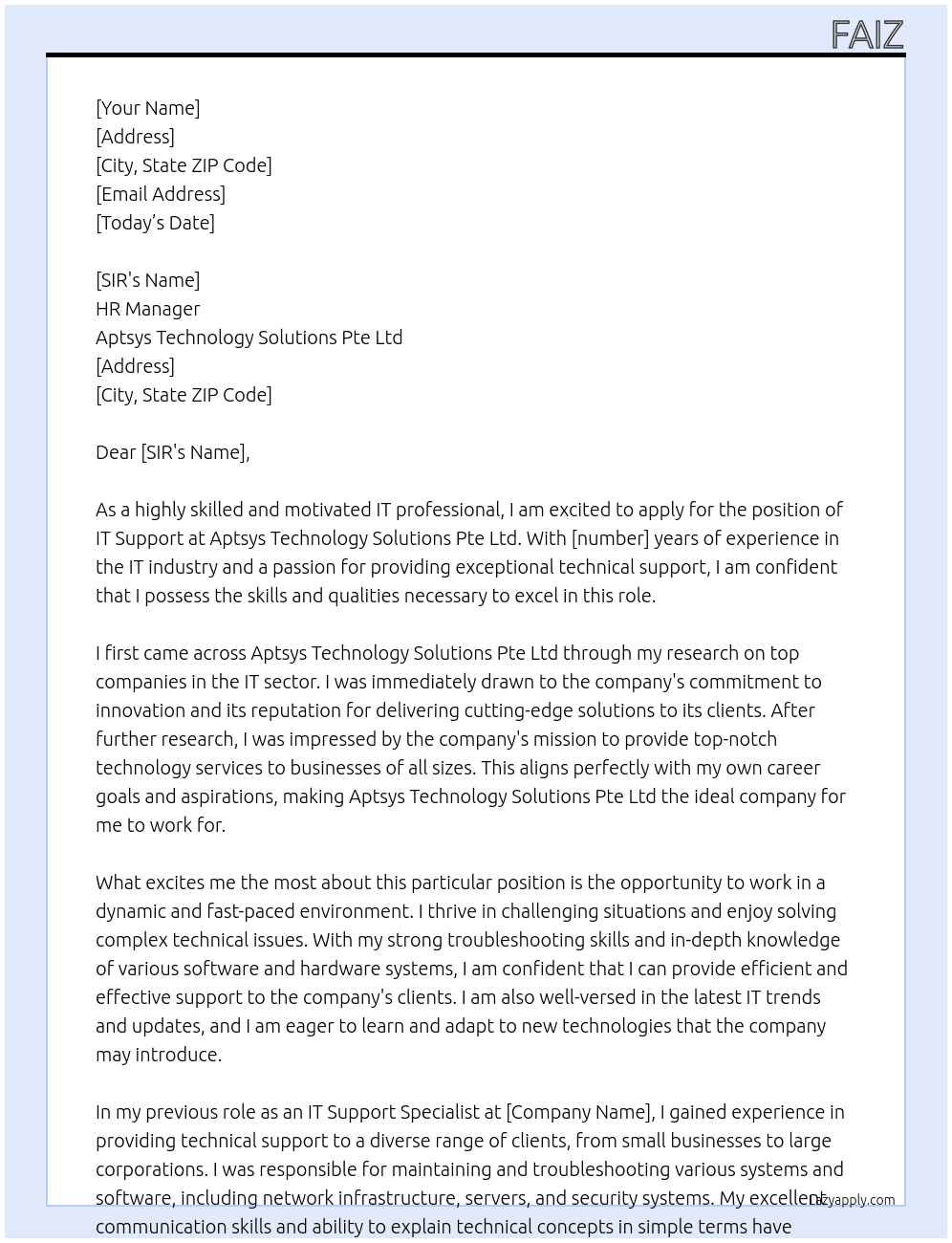 IT Support At Aptsys Technology Solutions Pte Ltd Cover Letter