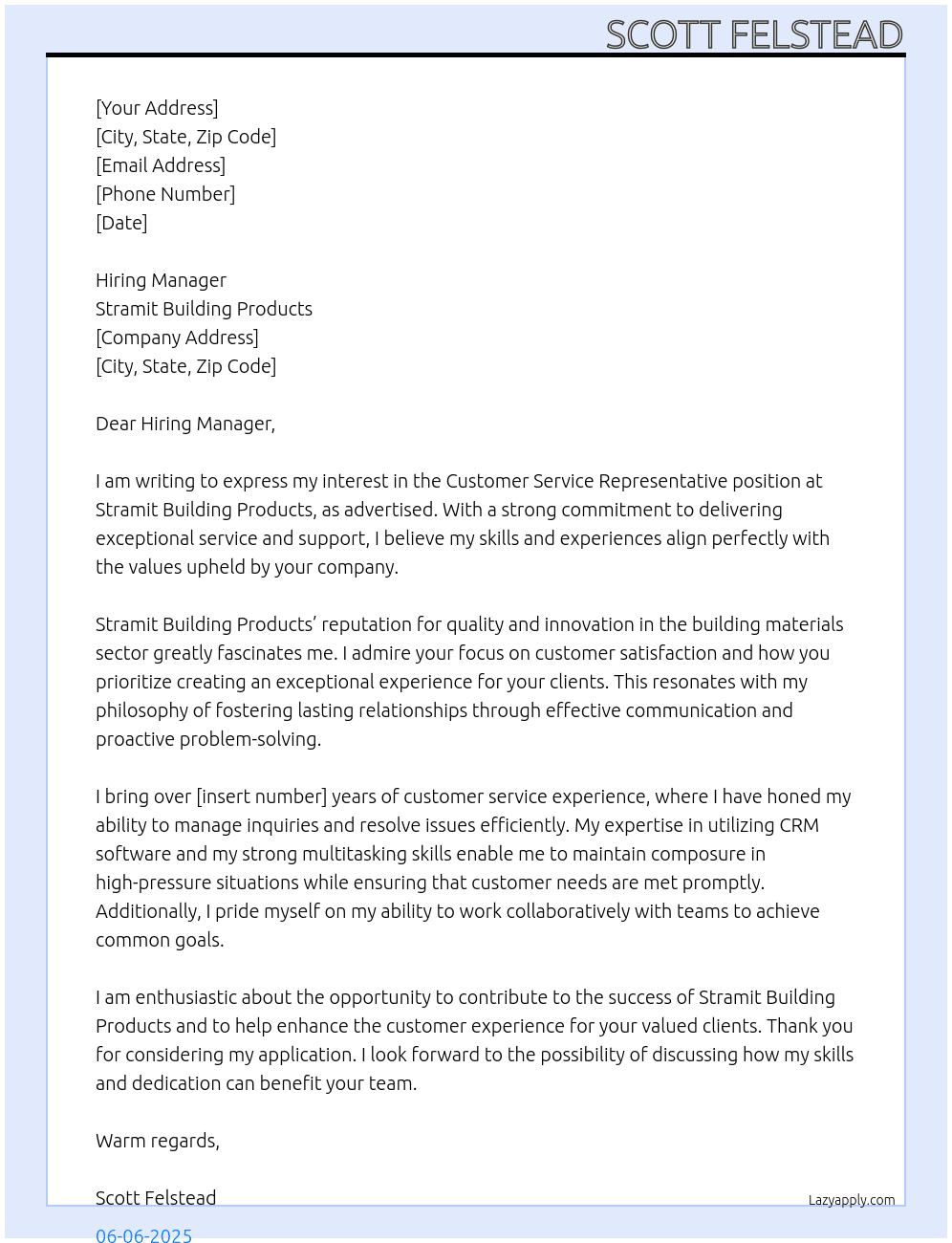 Customer Service Representative At Stramit Building Products Cover Letter