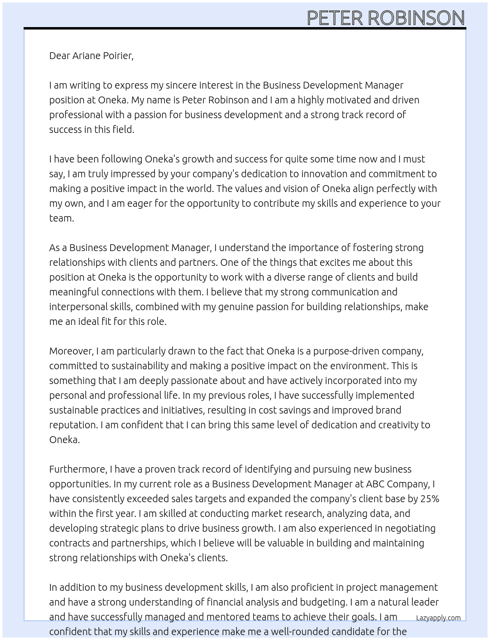 Business Development Manager At Oneka Cover Letter