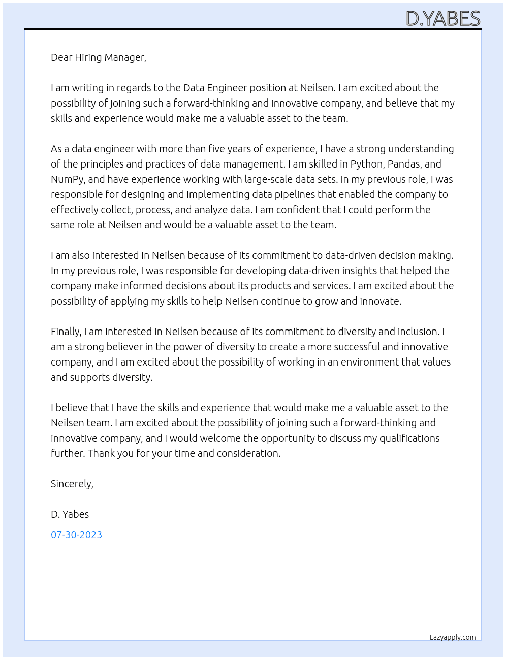 Data Engineer At Neilsen Cover Letter