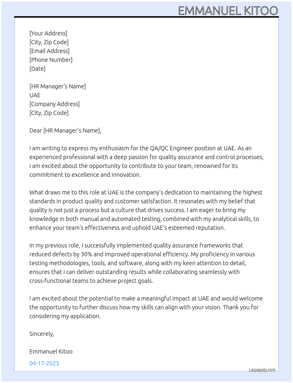 Qa/Qc engineer At Uae Cover Letter