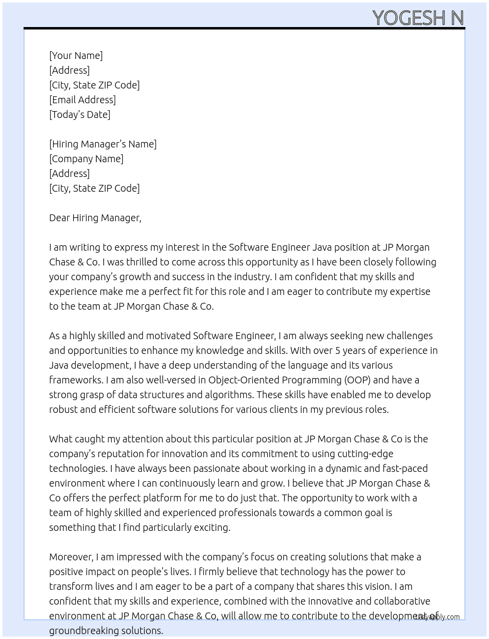 Software Engineer java At JP Morgan Chase & Co Cover Letter