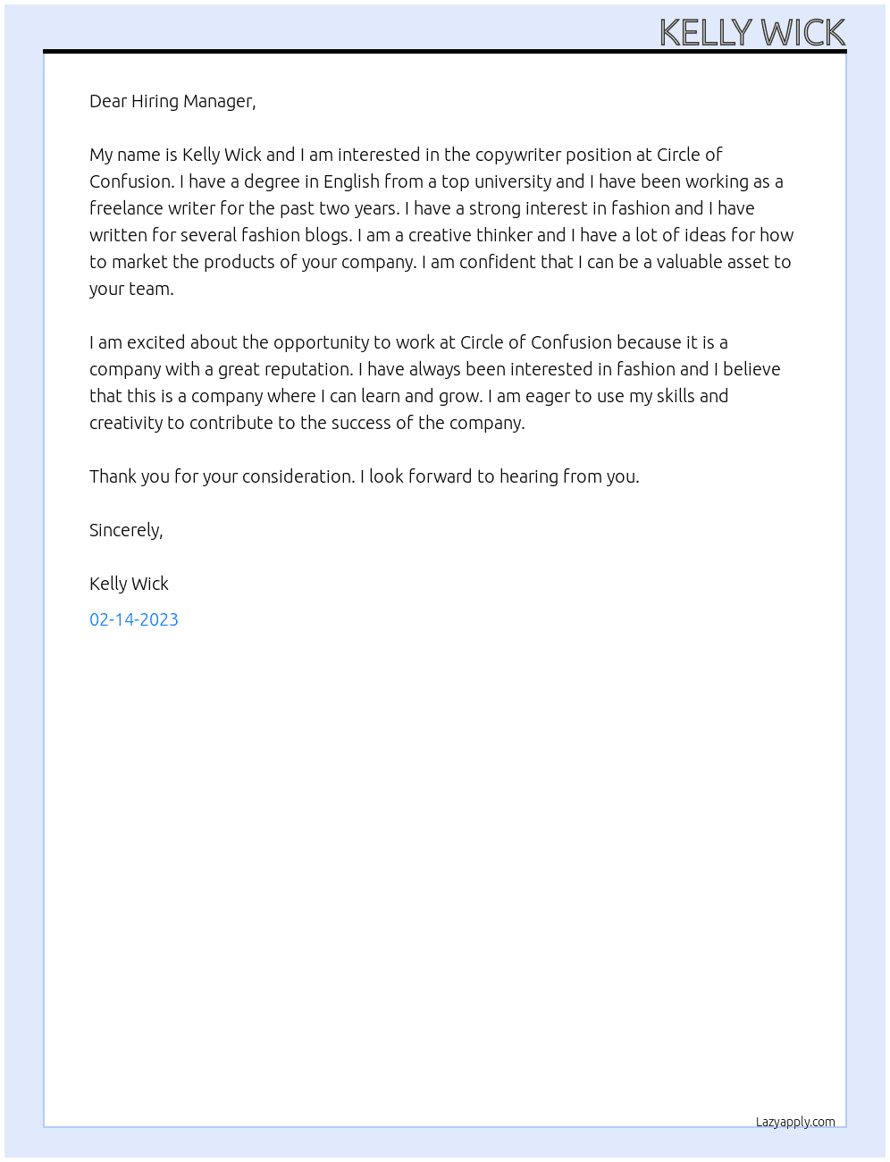 Copywriter At Circle of Confusion Cover Letter