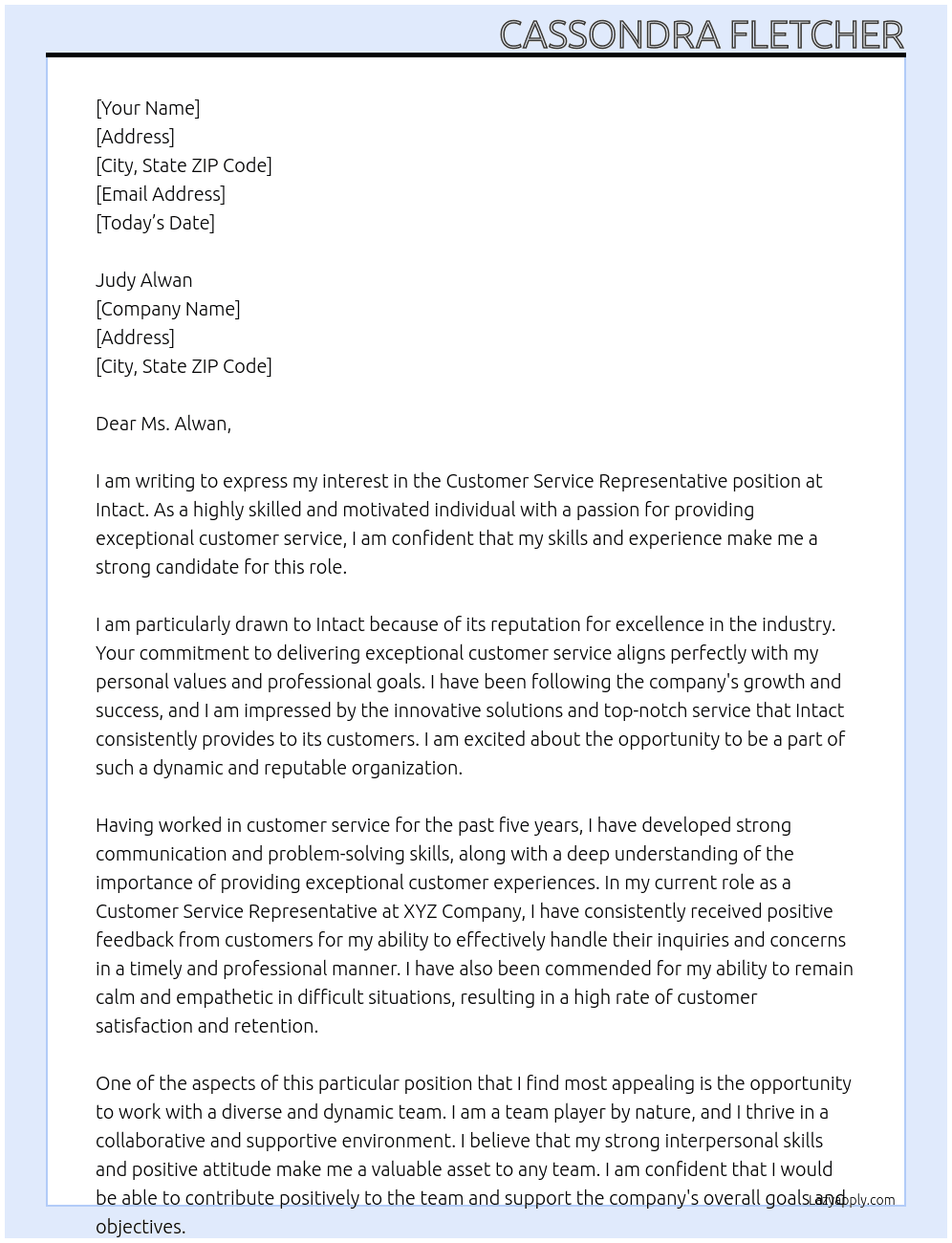 	 Customer Service Representative At Intact Cover Letter