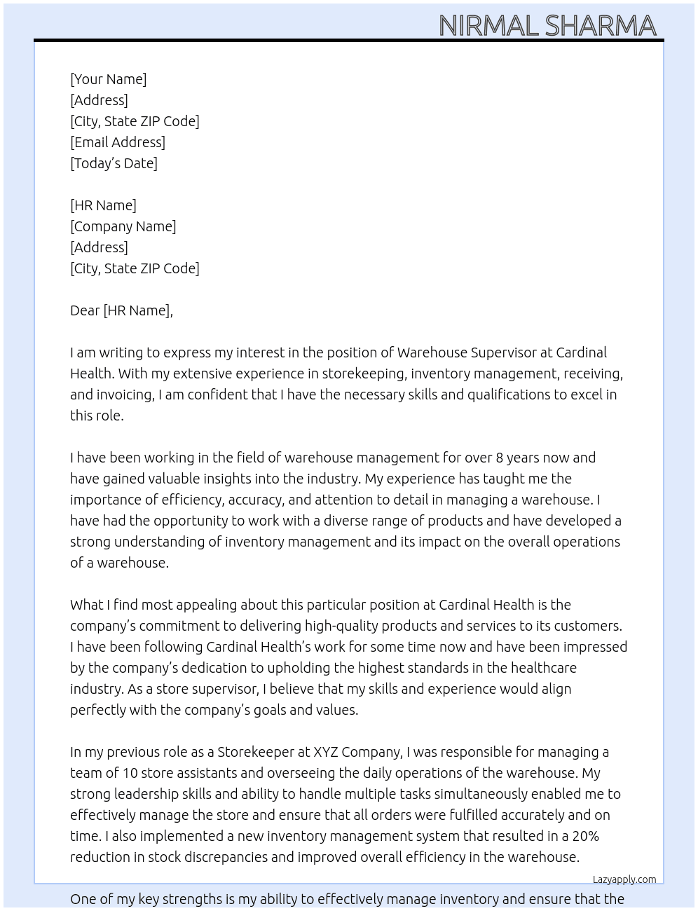 Warehouse Supervisor At Cardinal Health Cover Letter