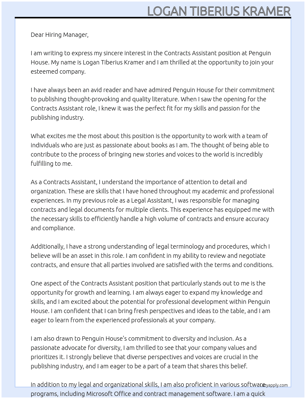 Contracts Assistant At Penguin House Cover Letter