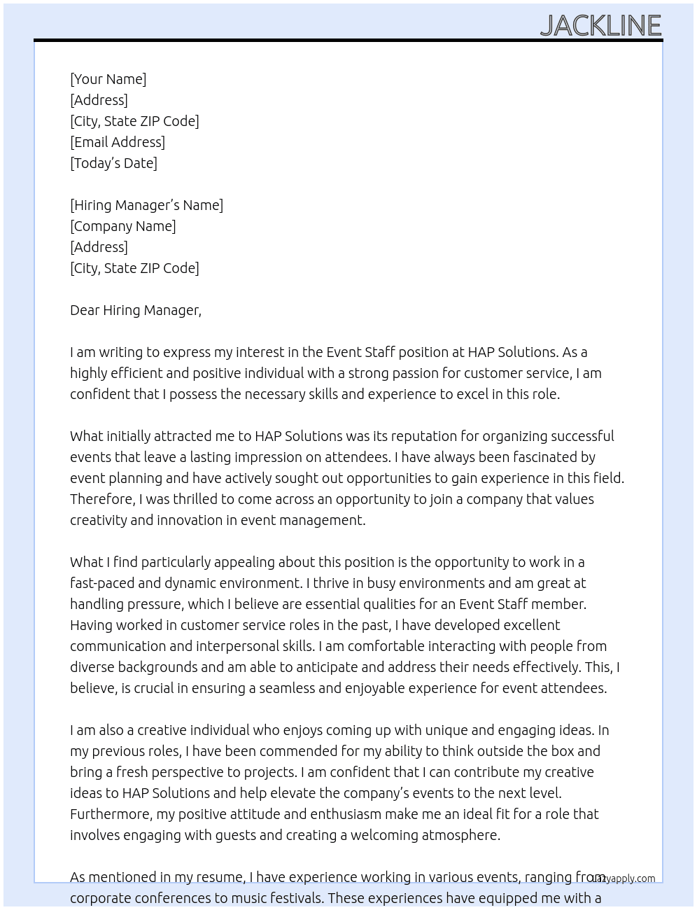 Event Staff At HAP Solutions Cover Letter