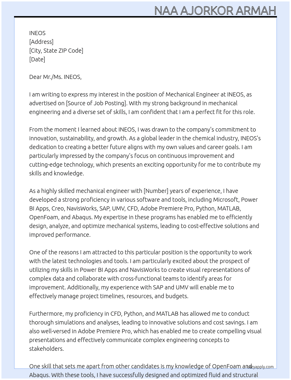 Mechanical Engineer At INEOS Cover Letter