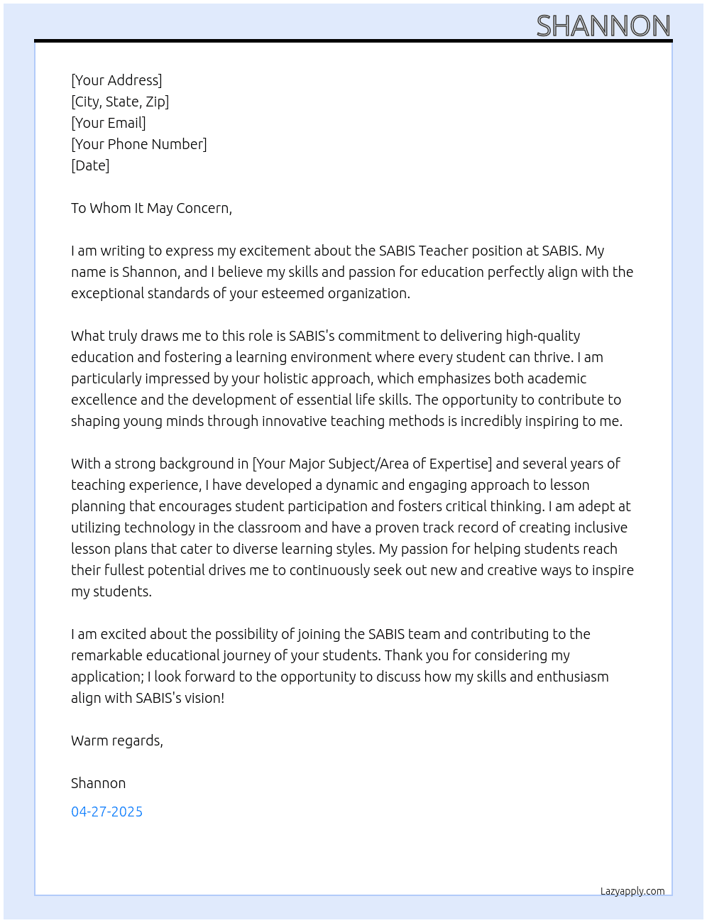 SABIS TEACHER At SABIS Cover Letter