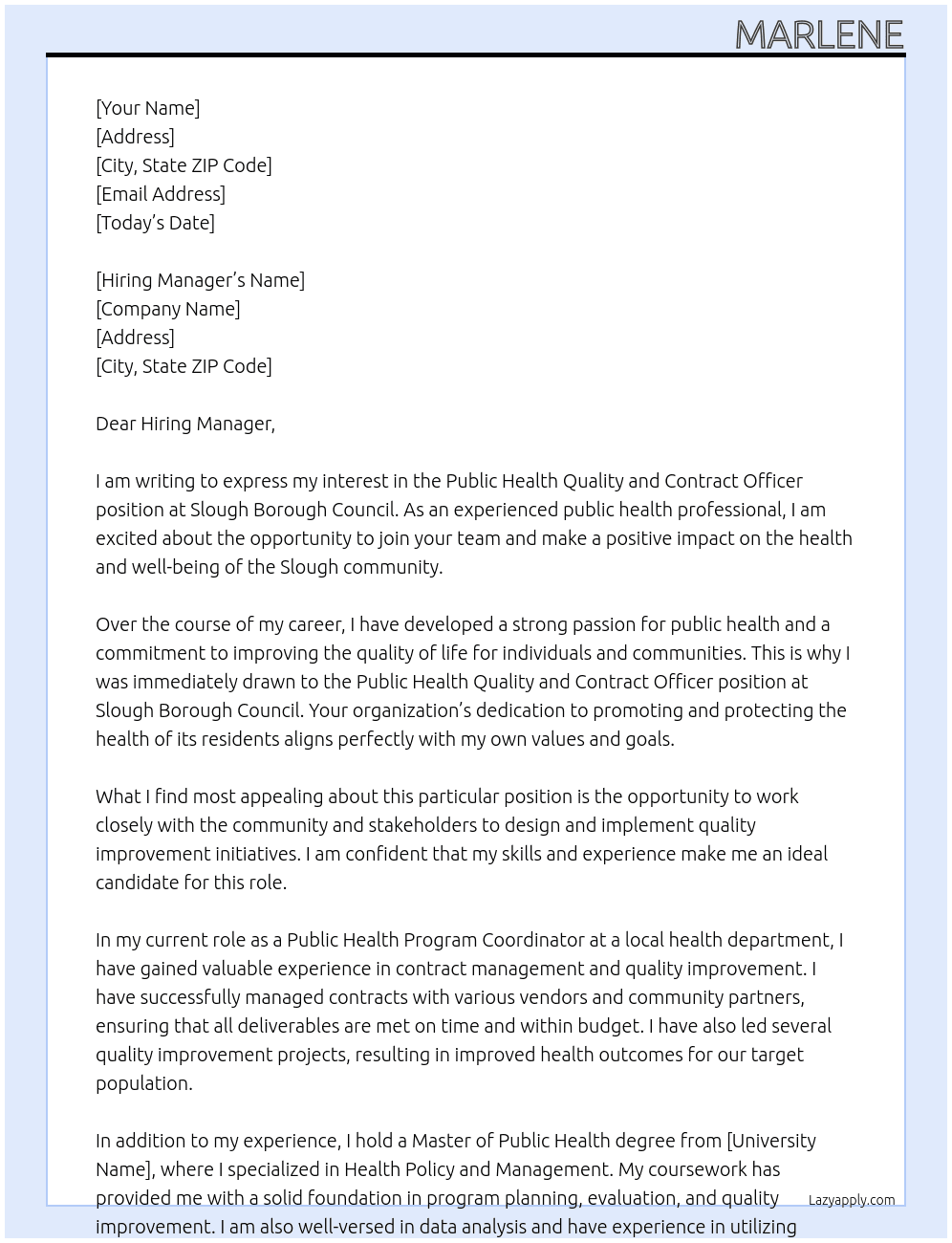 public health Quality and Contract Officer At Slough Borough Council  Cover Letter