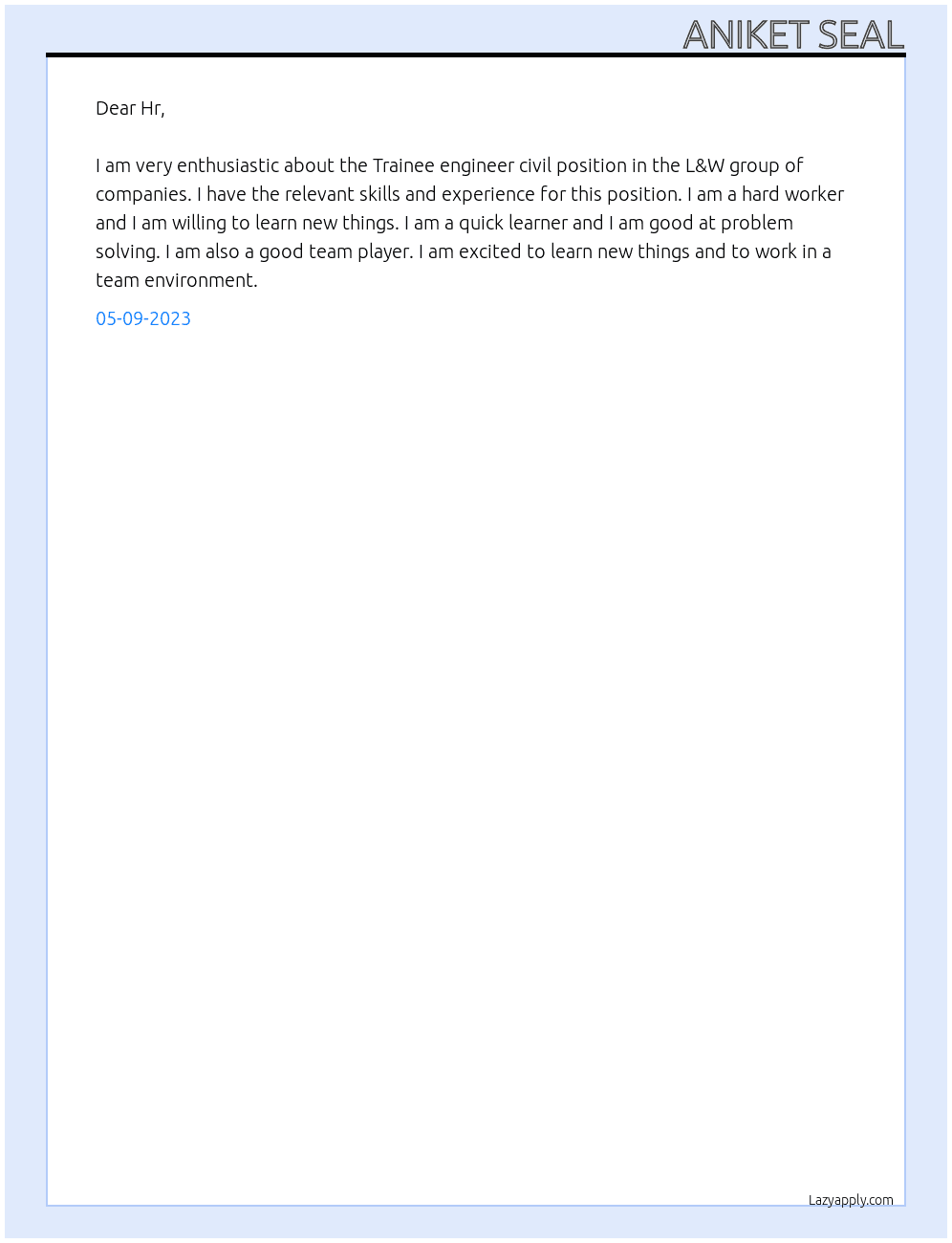 Trainee engineer civil At L&W group of companies Cover Letter