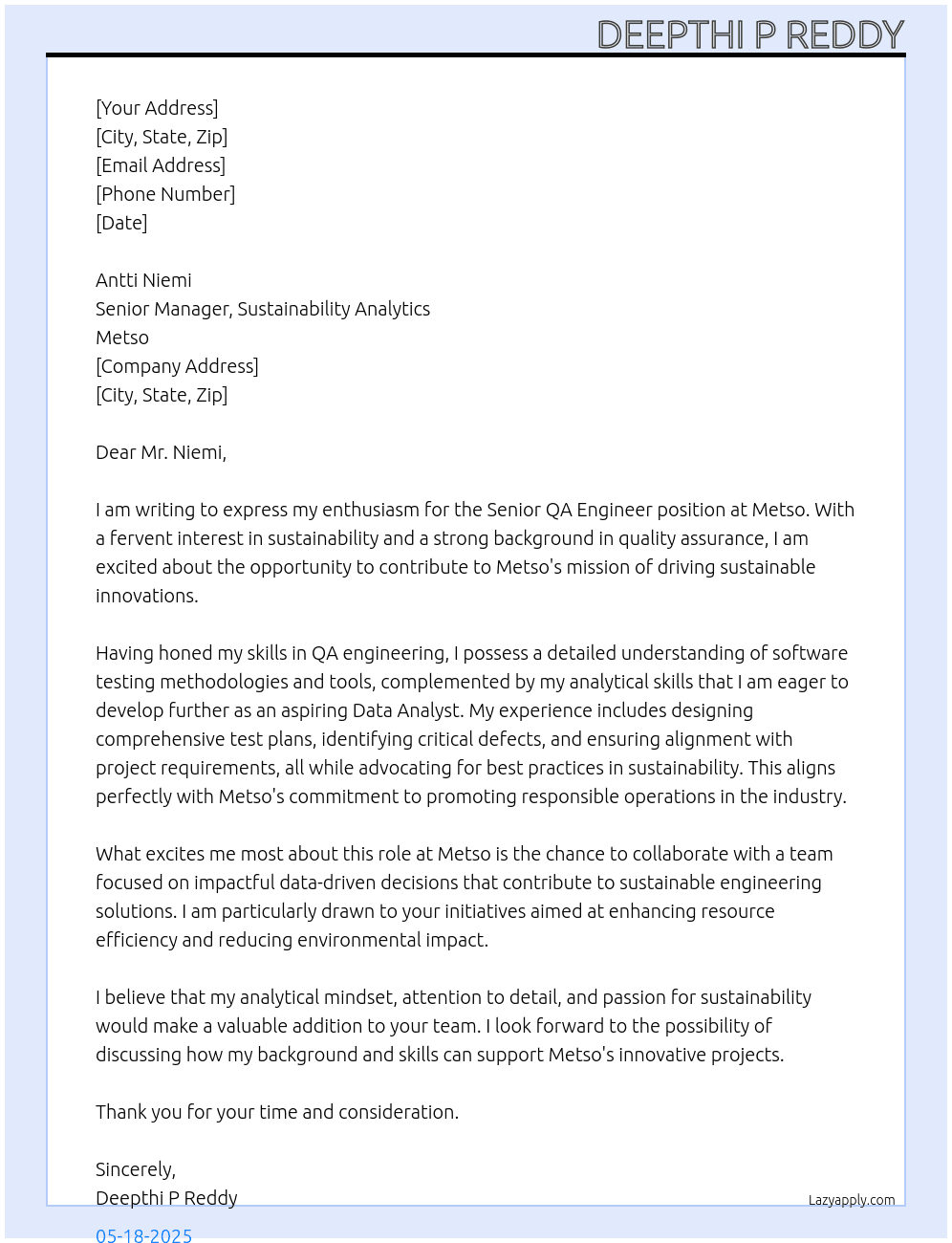 Senior QA Engineer | Aspiring Data Analyst At Metso Cover Letter