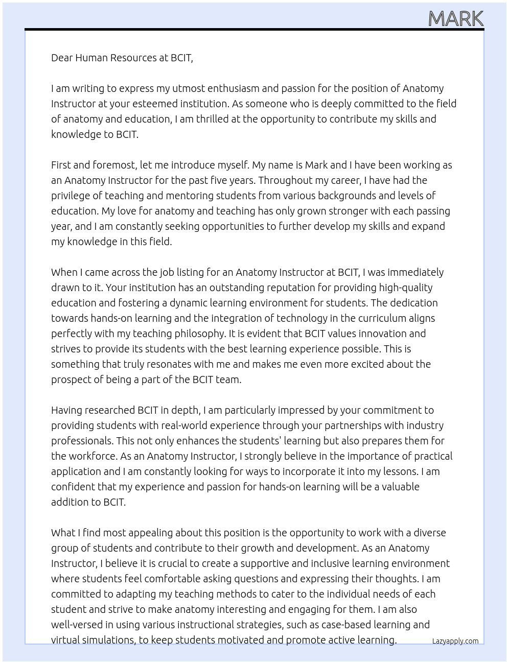 Anatomy Instructor At BCIT Cover Letter
