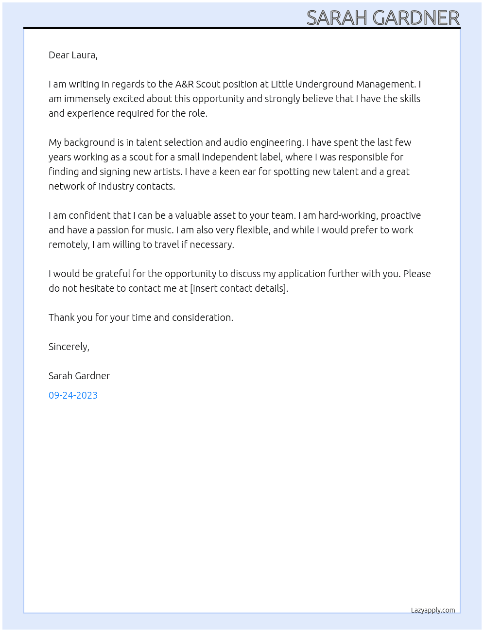 A&R Scout At Little Underground Management Cover Letter