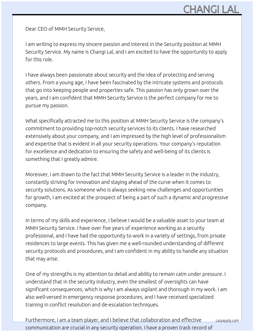 Security  At Mmh security service  Cover Letter