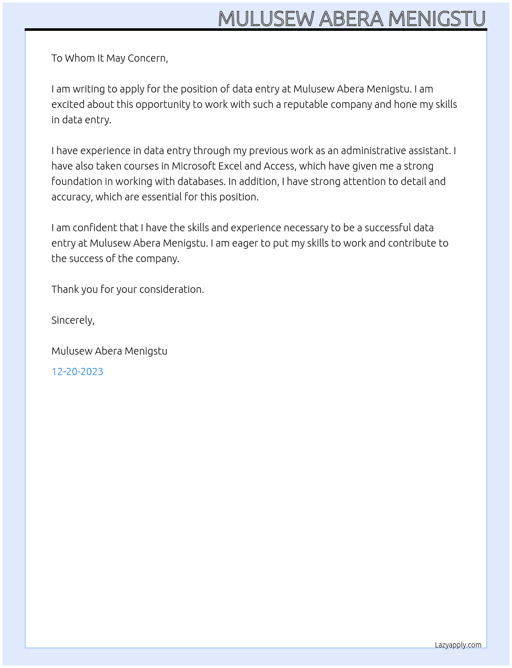 data entery At Mulusew Abera Menigstu Cover Letter