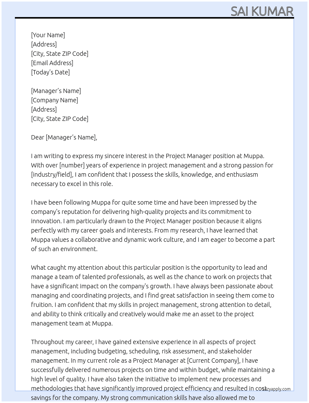 Project manager  At Muppa Cover Letter
