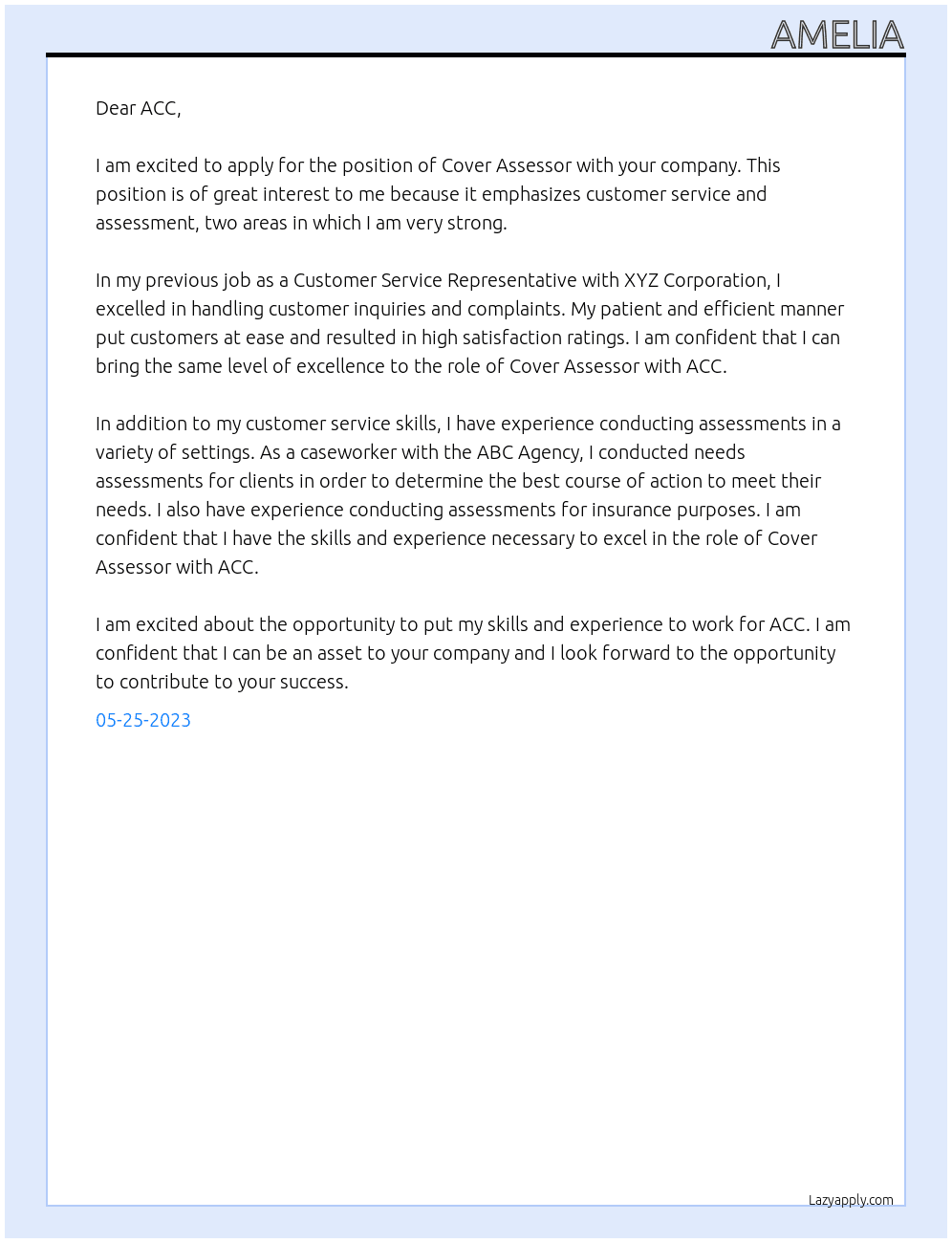 Cover assessor  At ACC Cover Letter