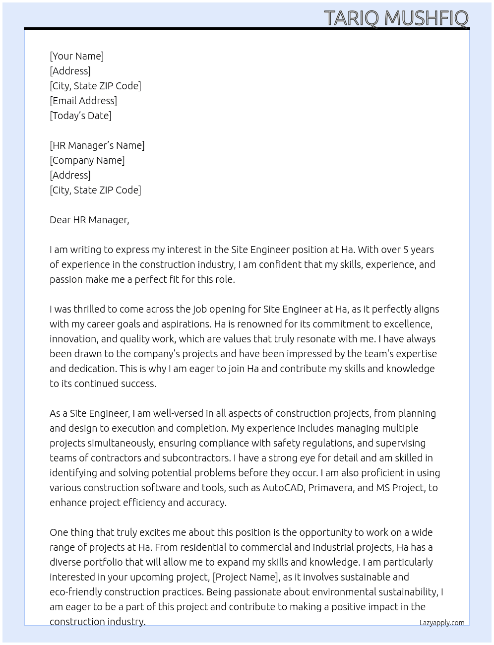 Site engineer At Ha Cover Letter
