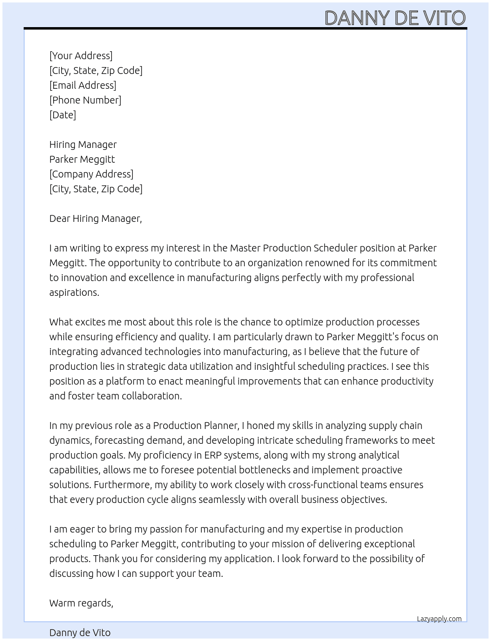 Master Production Scheduler At Parker Meggitt Cover Letter