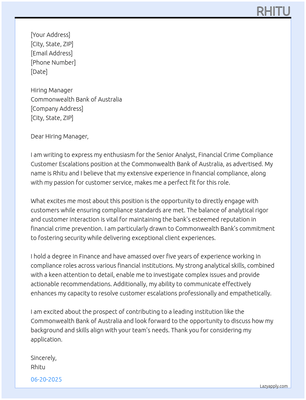 Senior Analyst Financial Crime Compliance Customer Escalations  At Commonwealth Bank of Australia Cover Letter