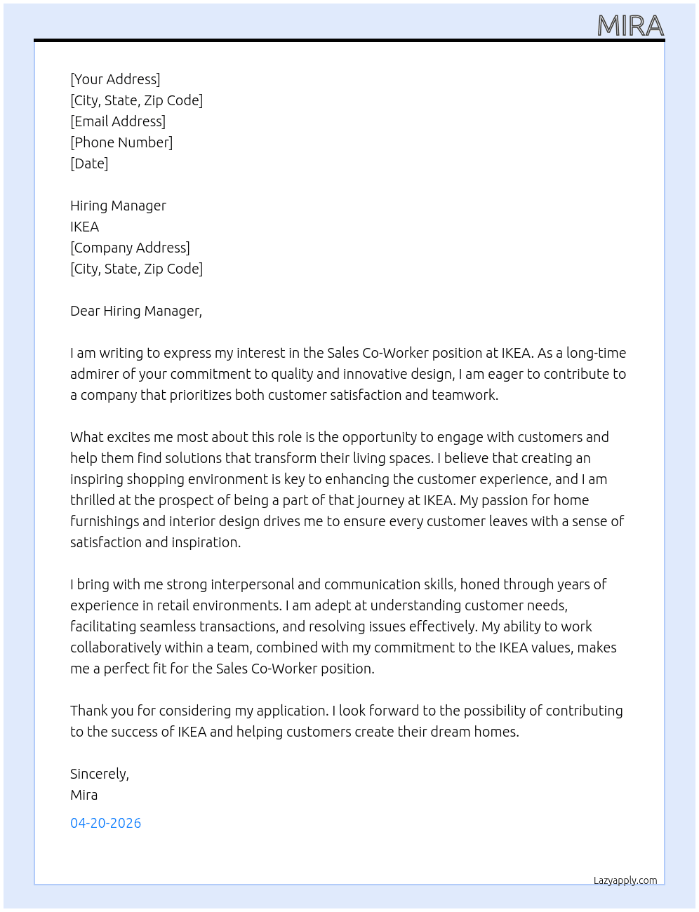 sales co worker At ikea Cover Letter