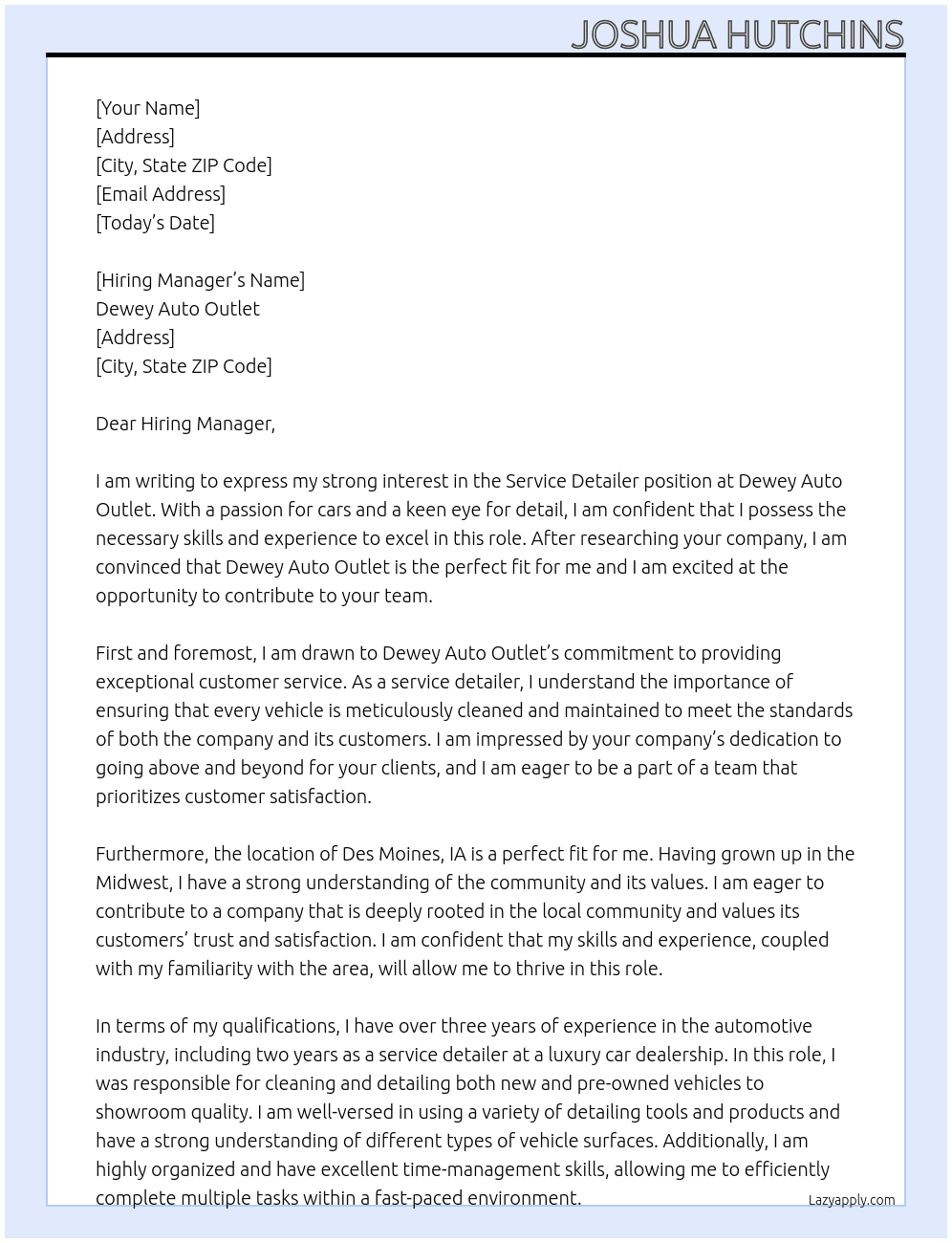 Cover letter for service detailer - LazyApply