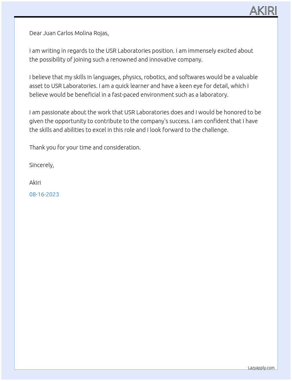 USR laboratories At USR Cover Letter