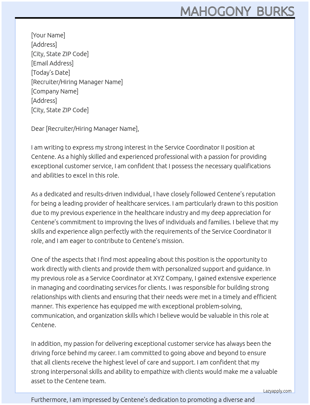 service cordinator II At Centene Cover Letter