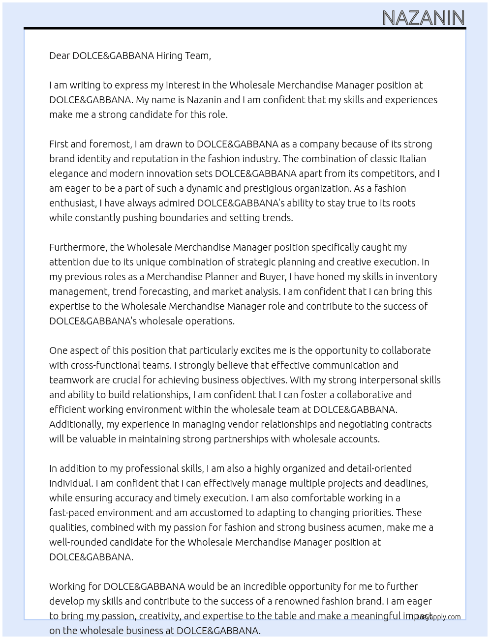 Wholesale Merchandise Manager At DOLCE&GABBANA  Cover Letter