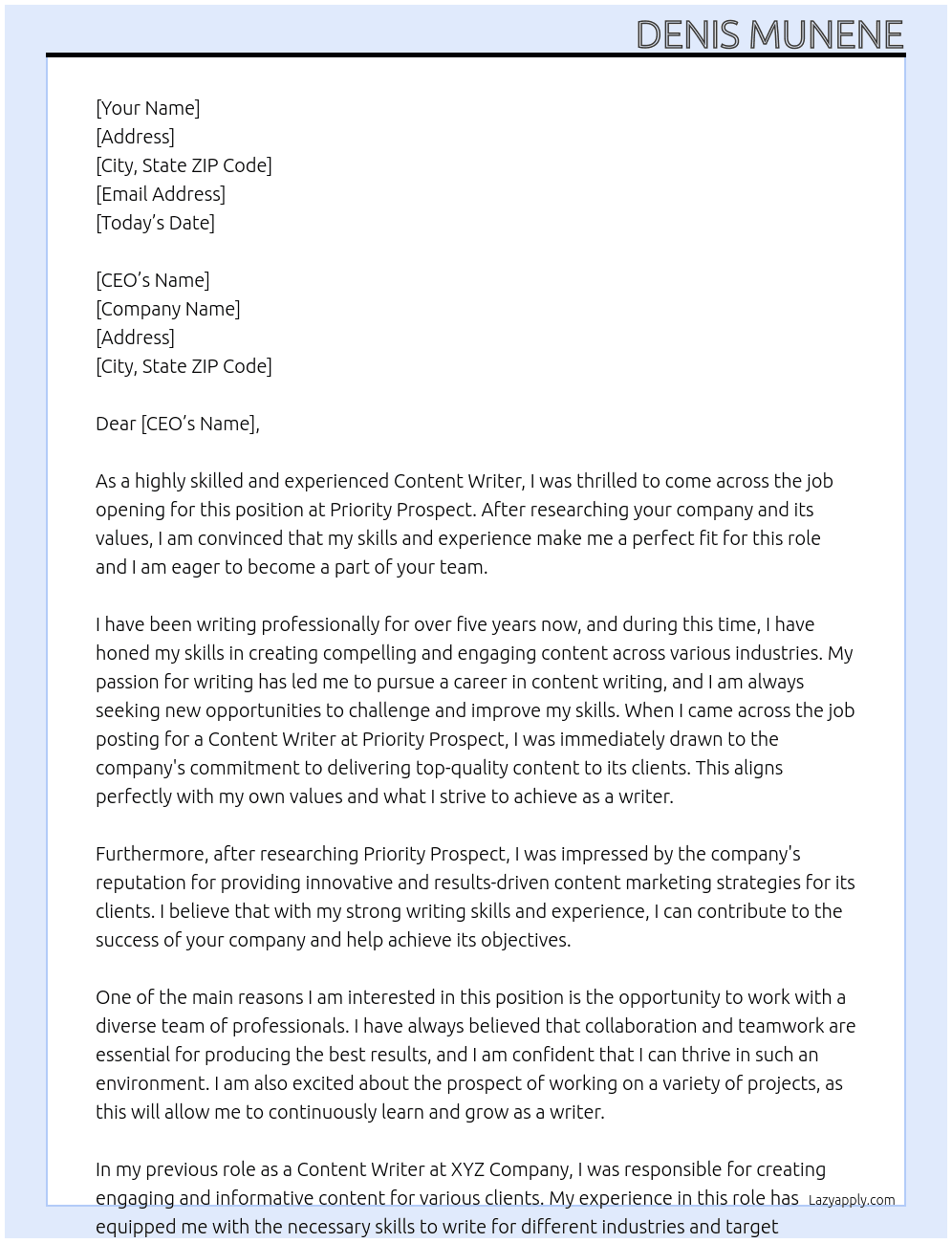 CONTENT WRITER  At PRIORITY PROSPECT Cover Letter