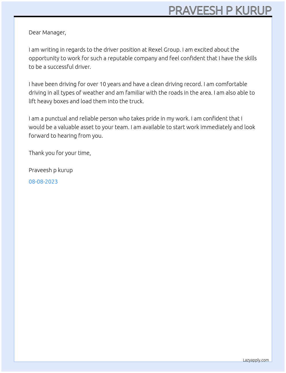 Driver At Rexel Group Cover Letter