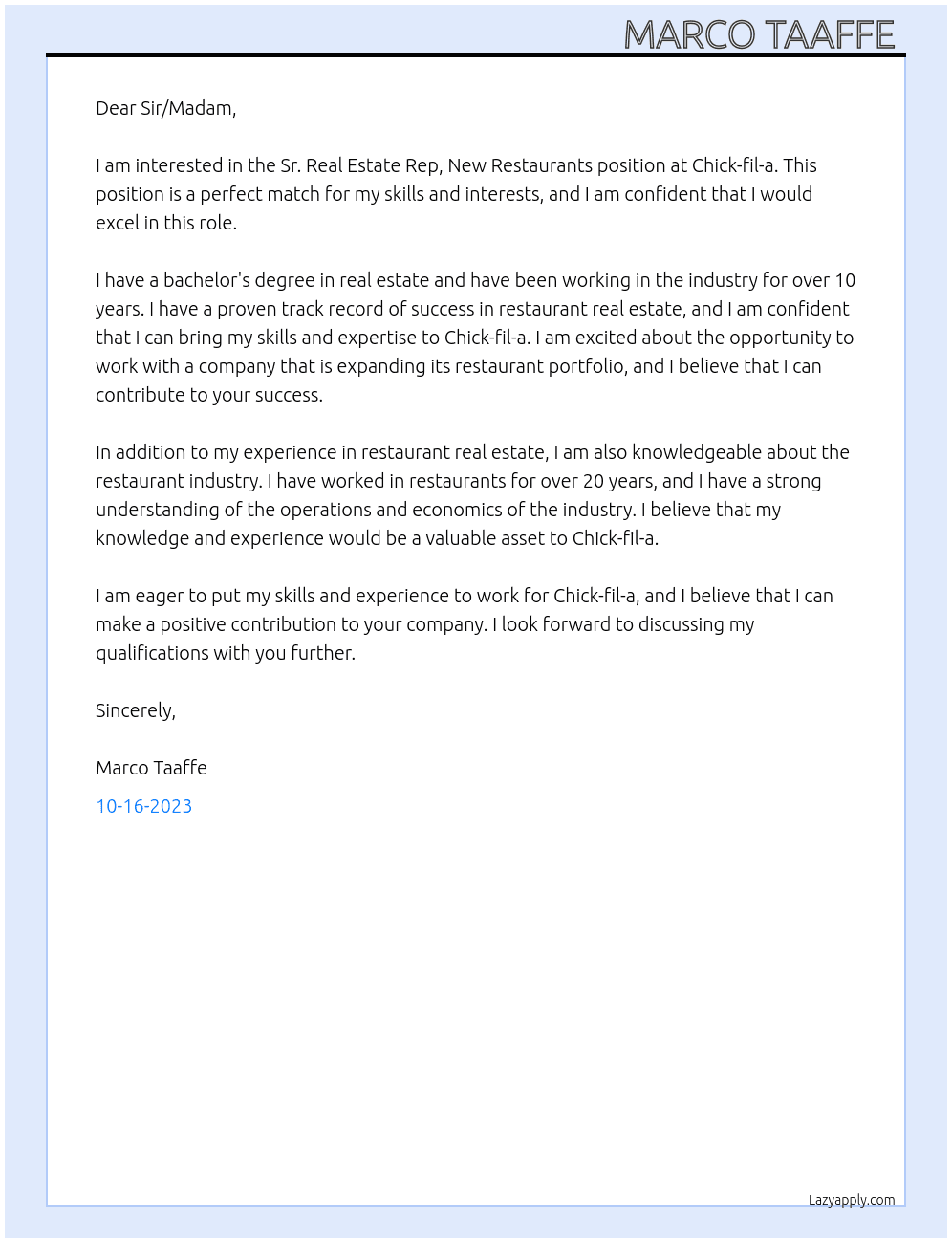 Sr. Real Estate Rep, New Restaurants At Chick-fil-a Cover Letter