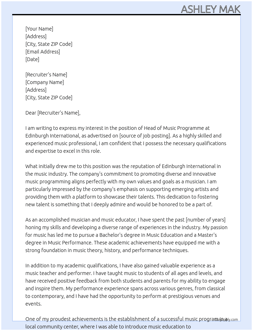 head of music programme At edinburgh international Cover Letter