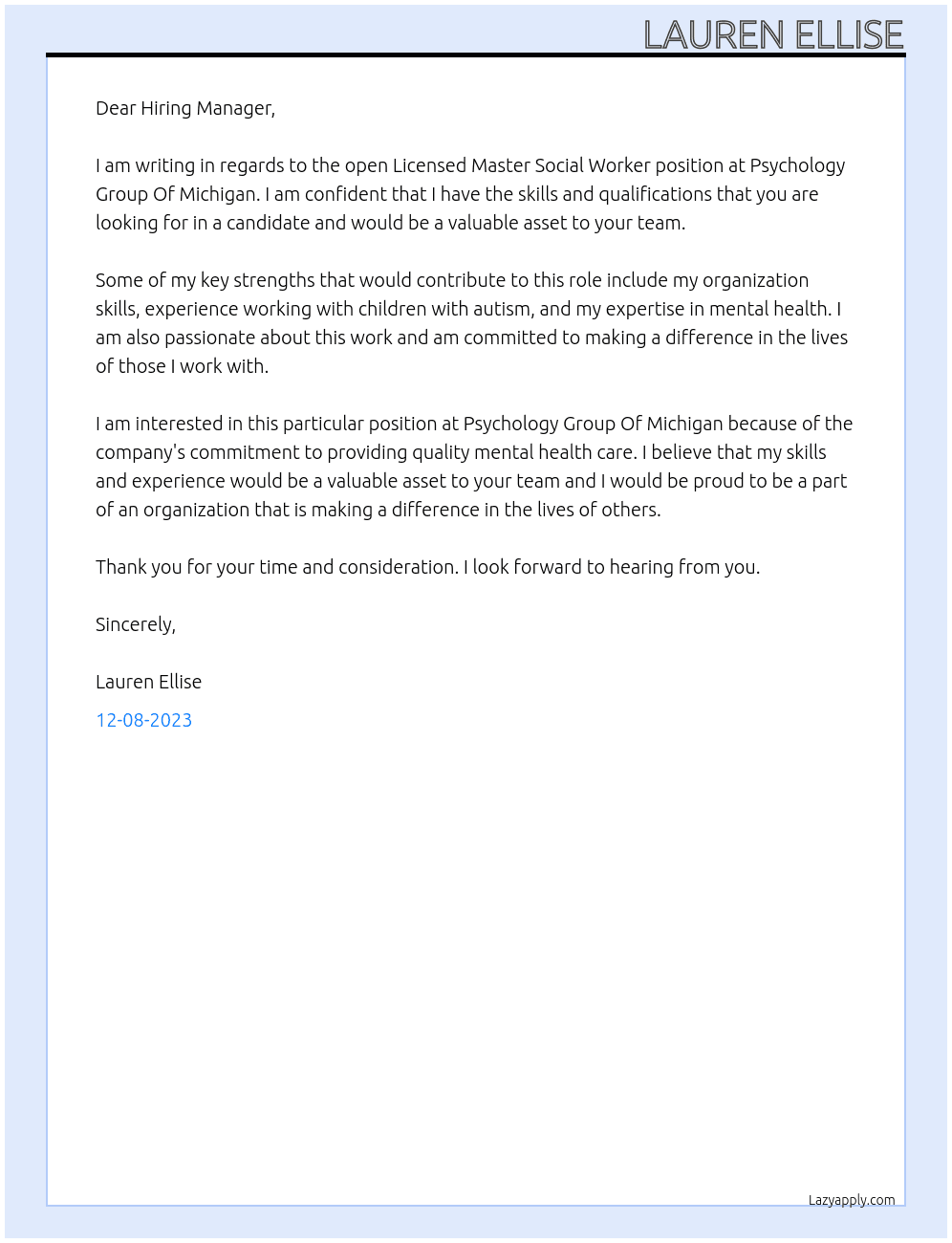 Licensed Master Social Worker At Psychology Group Of Michigan  Cover Letter
