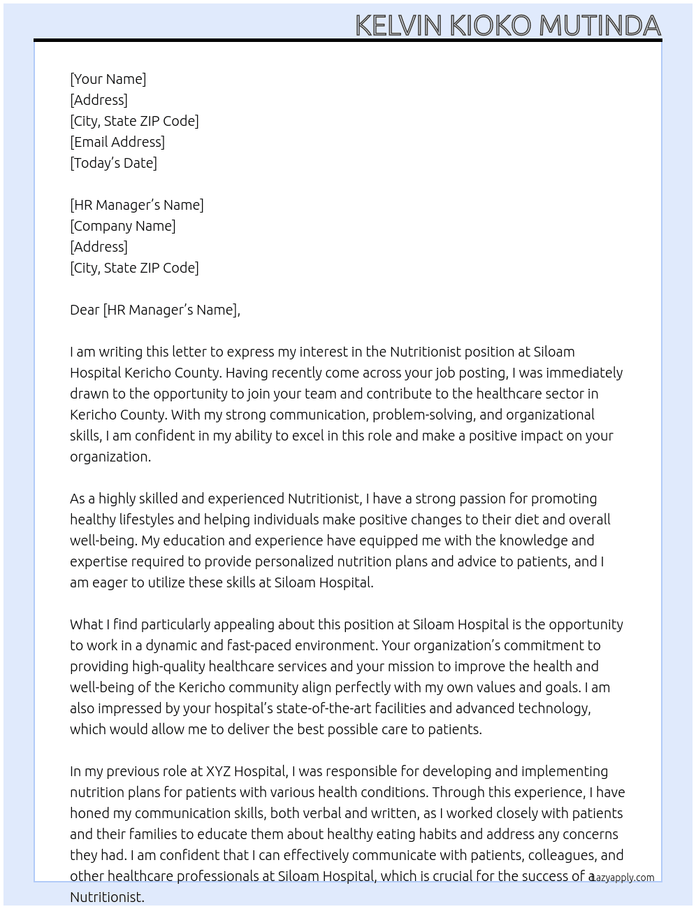 Nutritionist At Siloam Hospital Kericho County Cover Letter