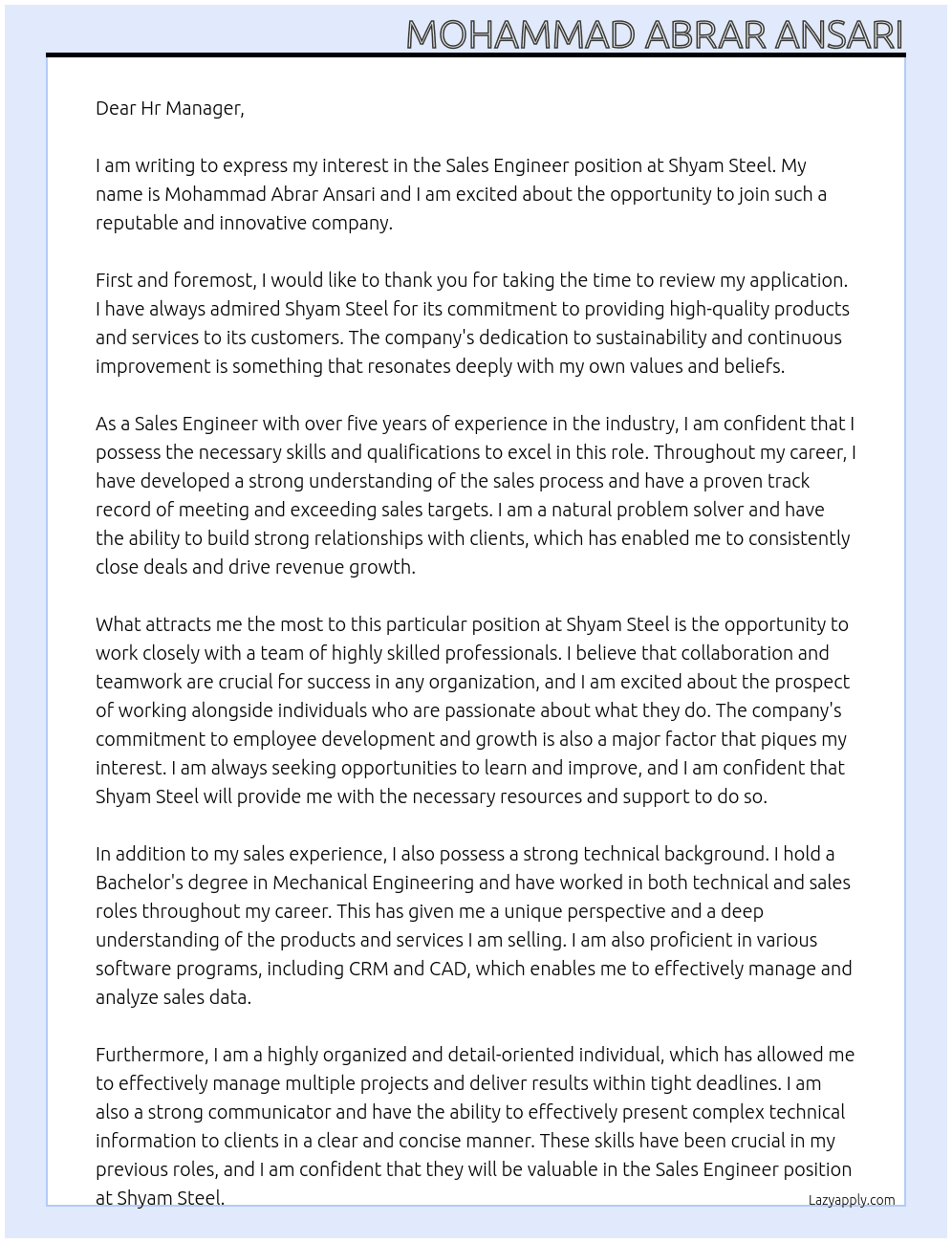 sales engineer At Shyam steel Cover Letter