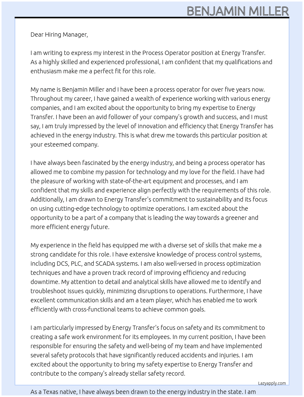 Process operator At Energy transfer Cover Letter