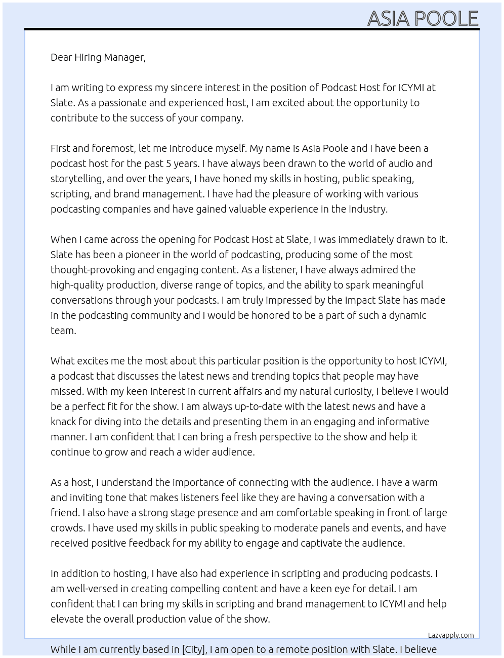 Podcast Host, ICYMI At Slate Cover Letter