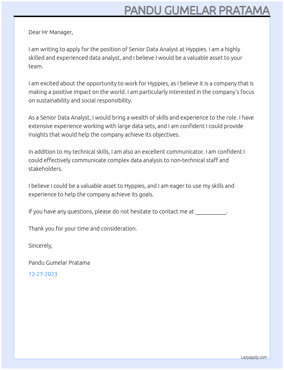 Senior Data Analyst At Hyppies Cover Letter
