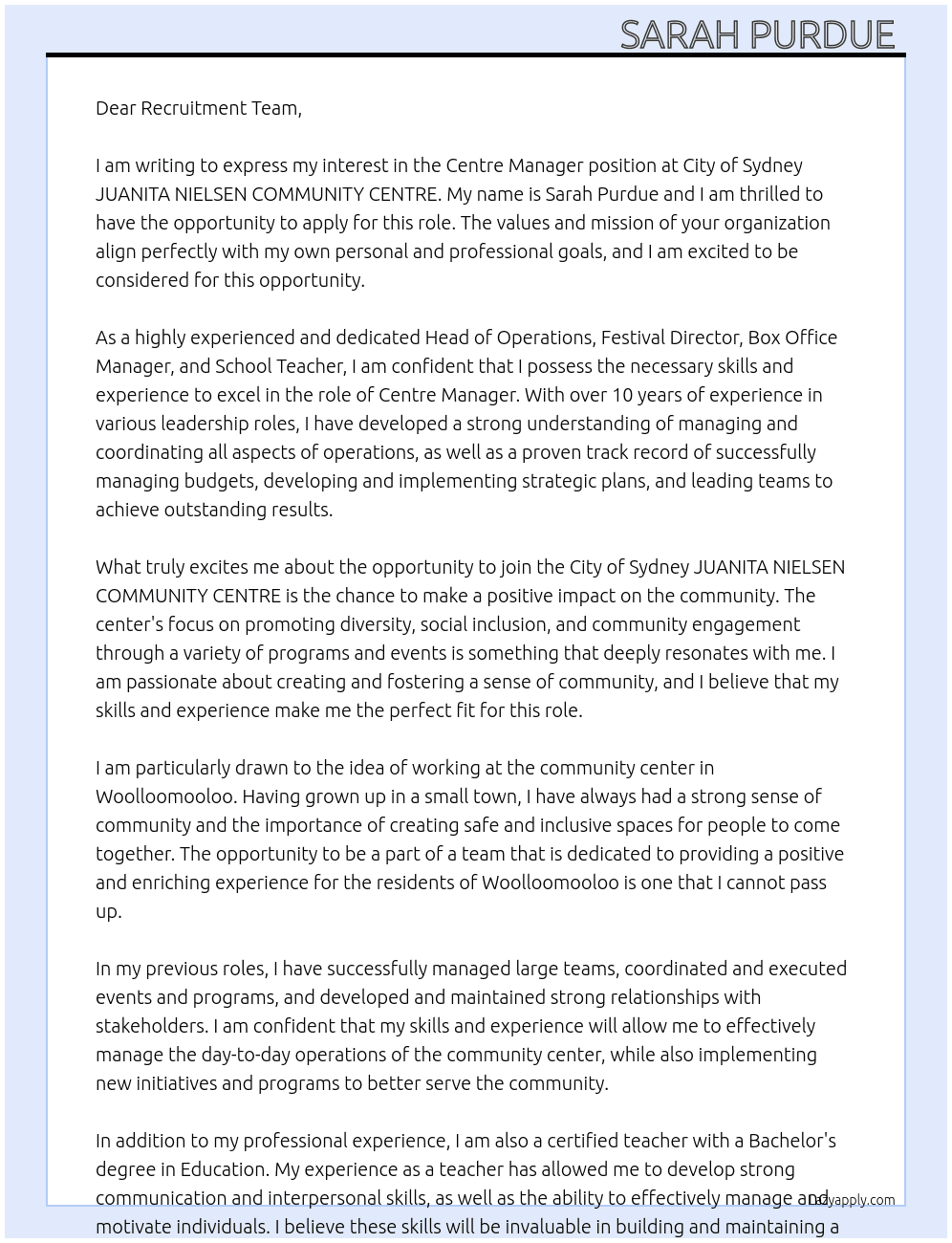 Centre Manager At City of Sydney JUANITA NIELSEN COMMUNITY CENTRE Cover Letter