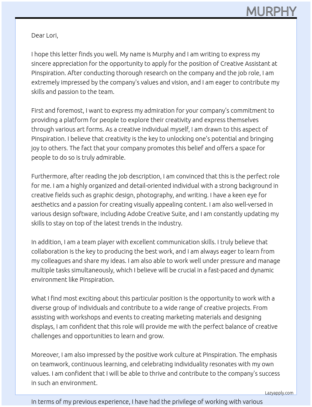 Creative Assistant At Pinspiration Cover Letter