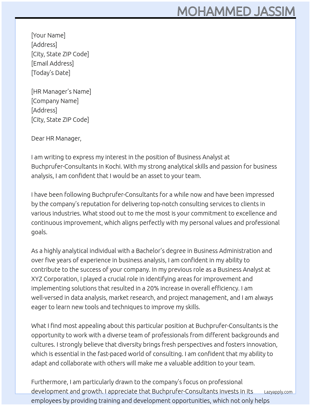 business analyst At buchprufer-consultants Cover Letter