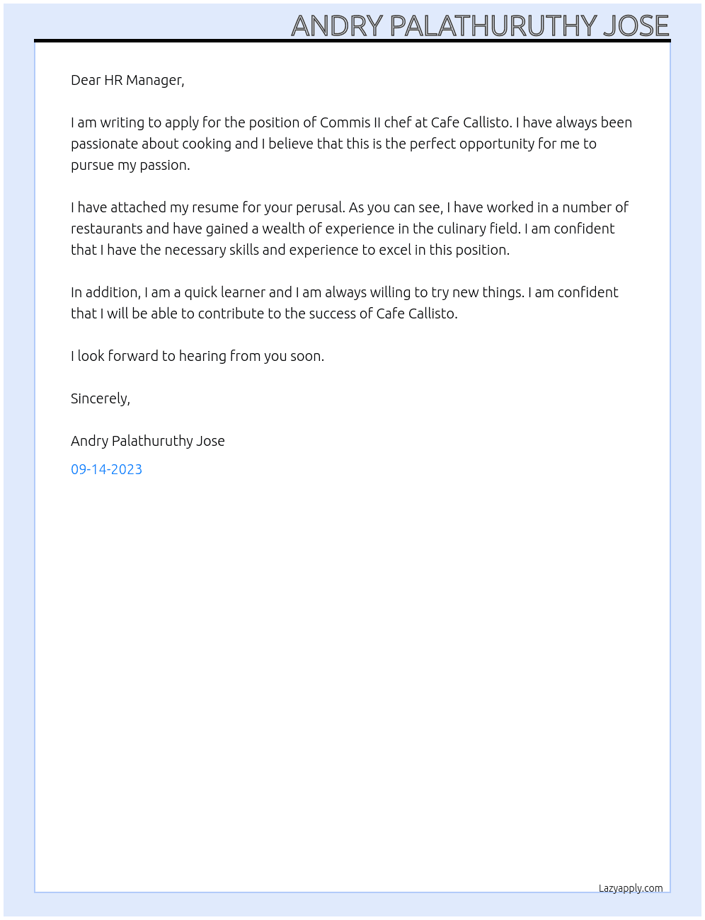 Commis II chef At Cafe Callisto Cover Letter